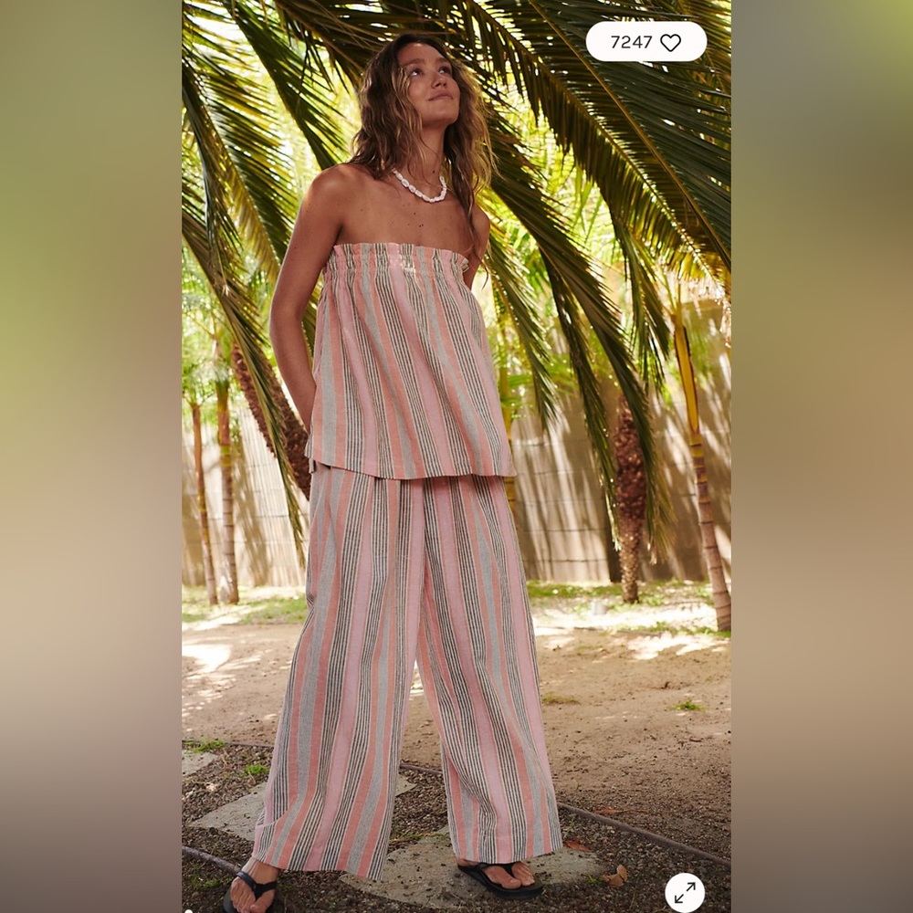 Free People Pink & Cream Striped Wide Leg Pants set top large pants medium